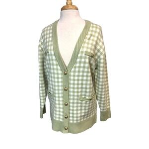 Joie Boyfriend Cardigan Sweater Green White Gingham Plaid V-Neck Gold Buttons, M